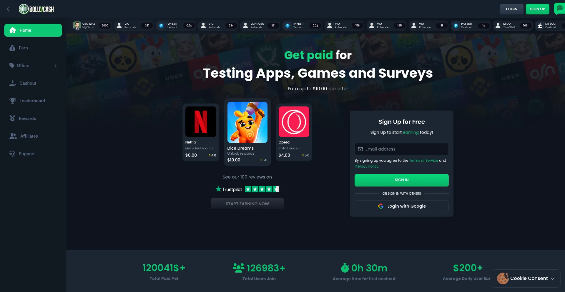 Website screenshot of Dollvcash.com