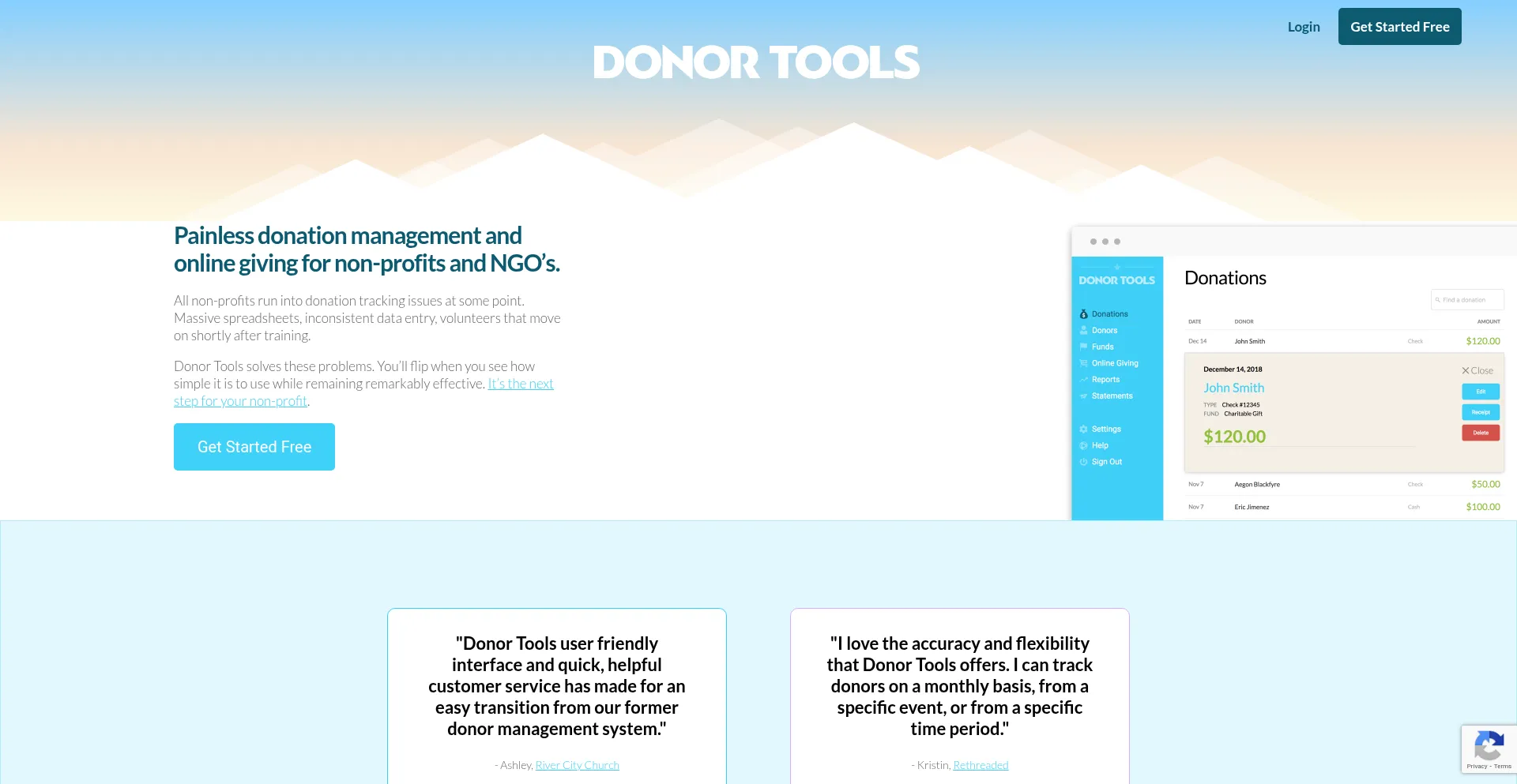 Website screenshot of Donortools.com