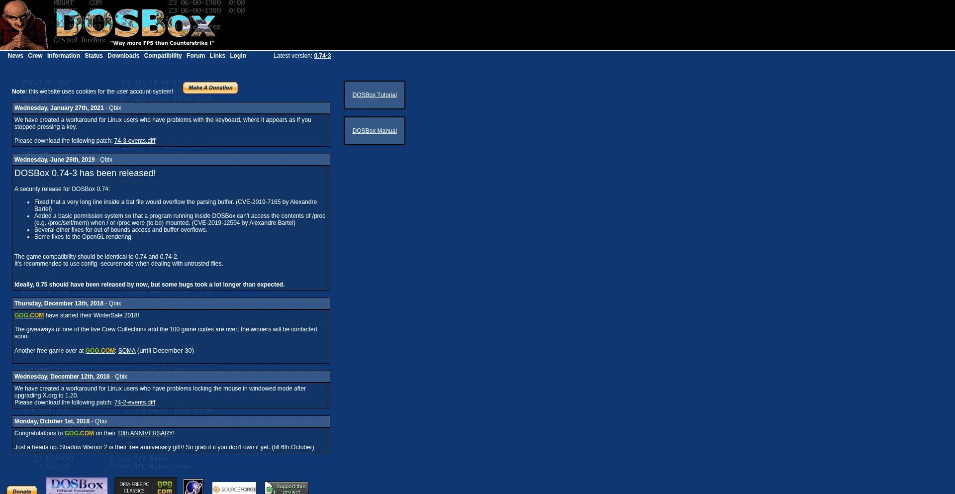 Website screenshot of Dosbox.com