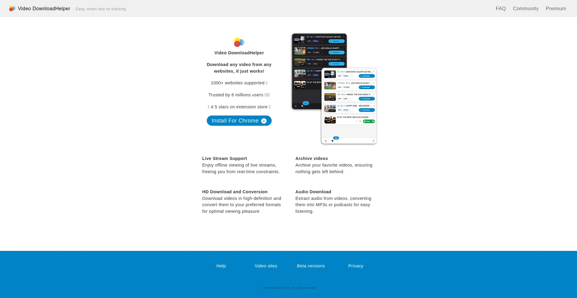 Website screenshot of Downloadhelper.net