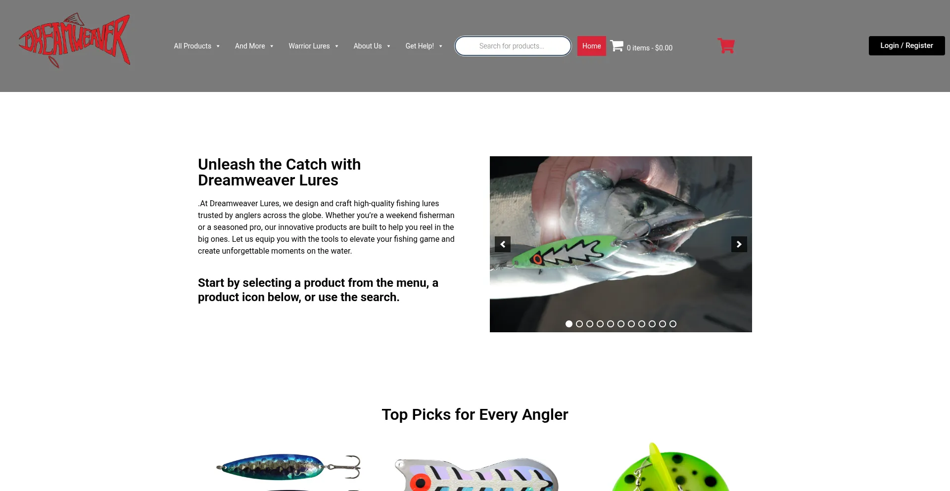 Website screenshot of Dreamweaverlures.com