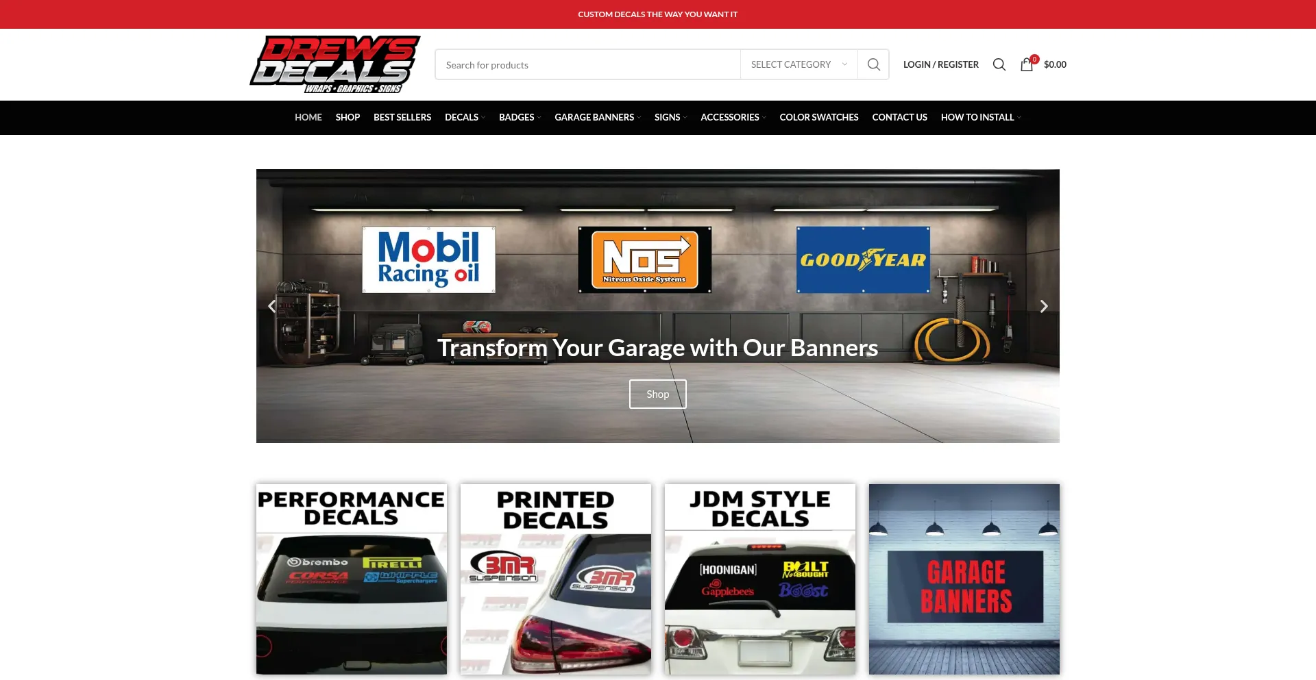 Website screenshot of Drewsdecals.com