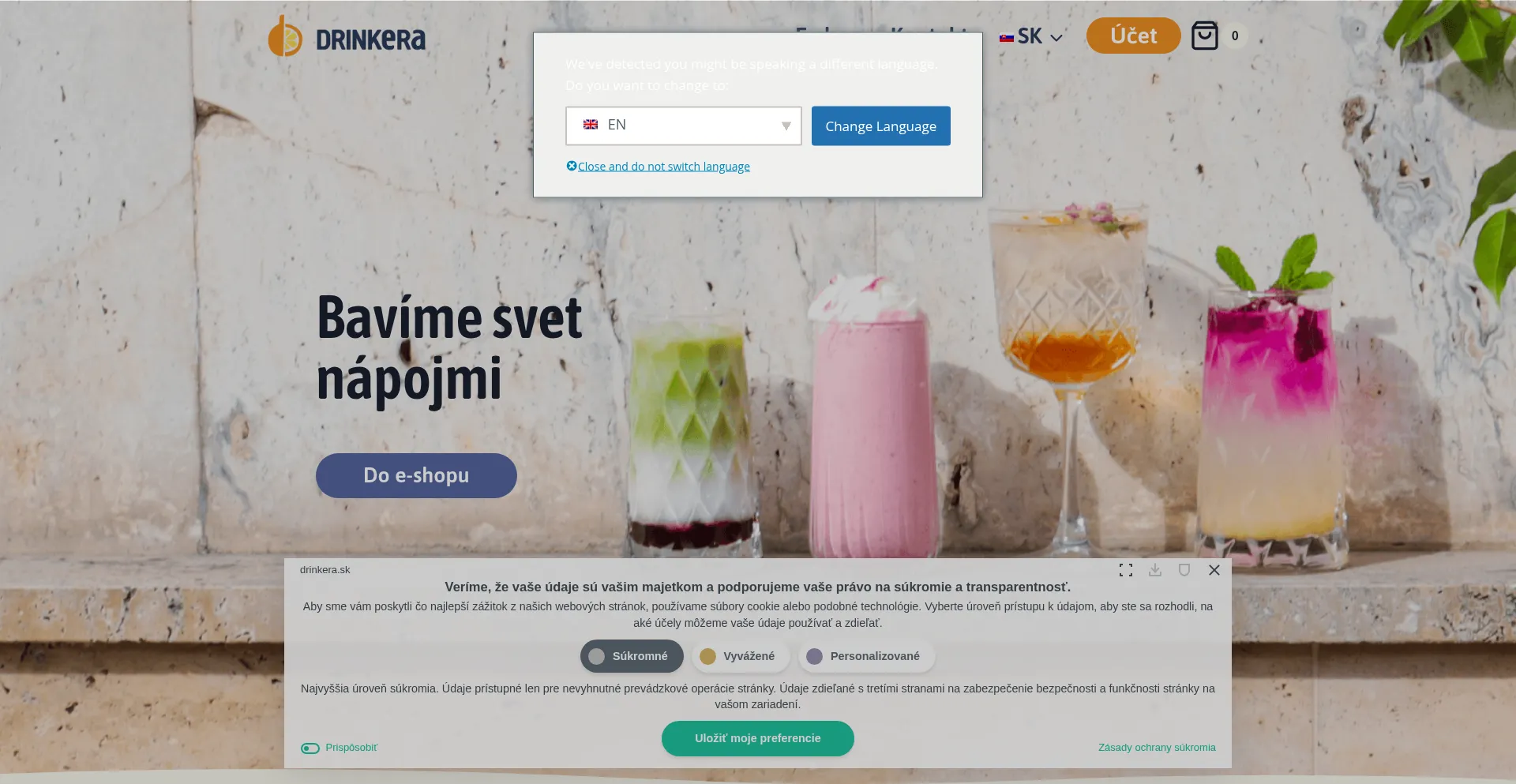 Website screenshot of Drinkera.sk