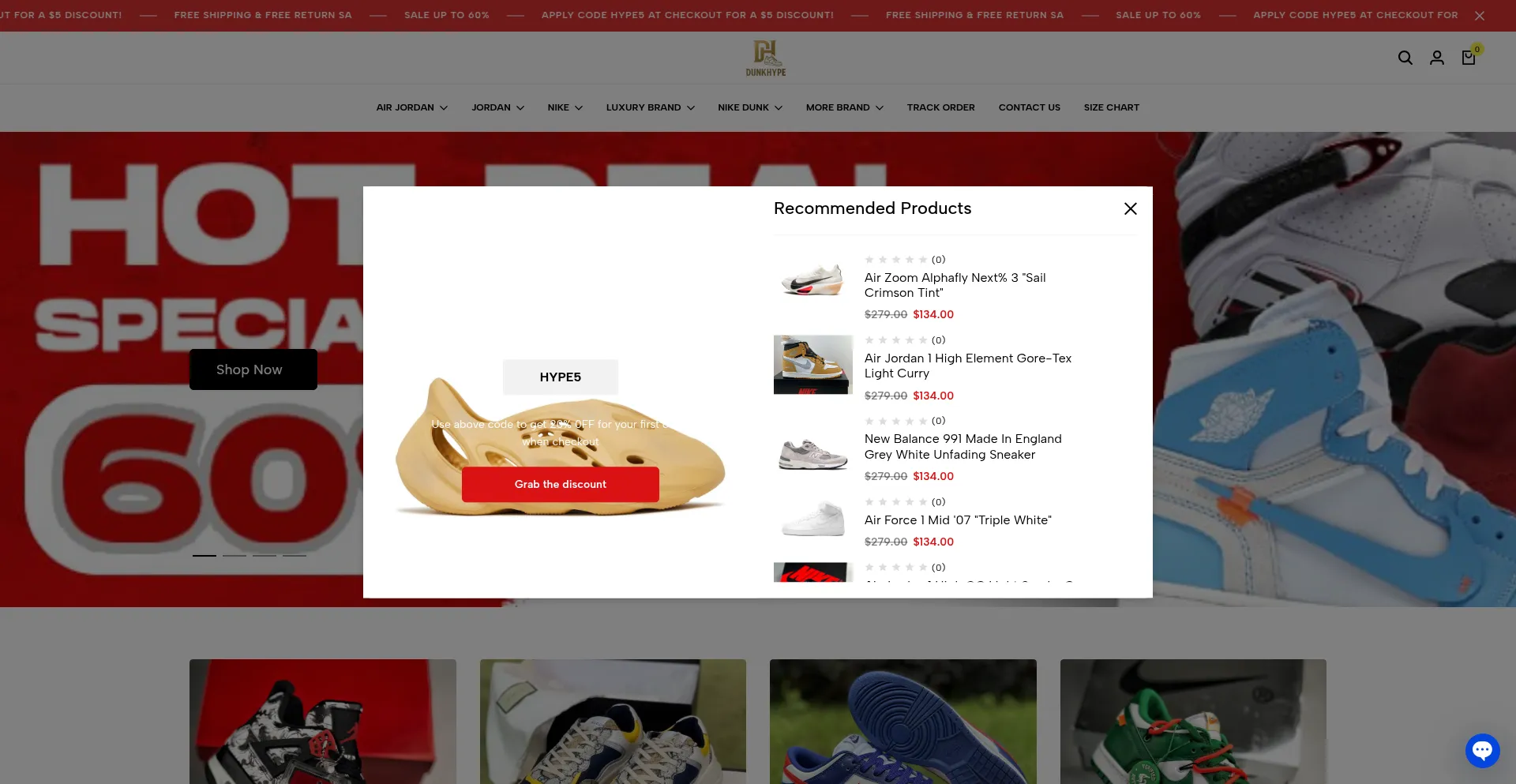 Website screenshot of Dunkhype.com