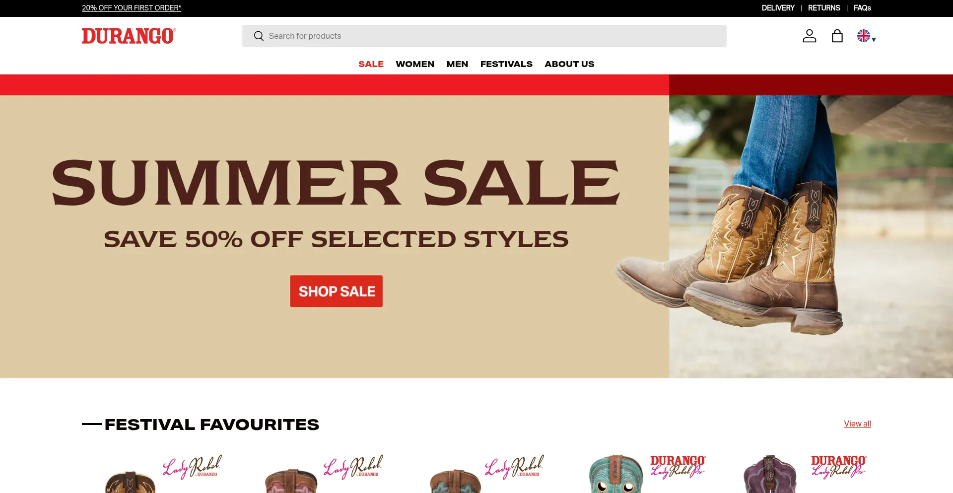Website screenshot of Durangoboots.co.uk
