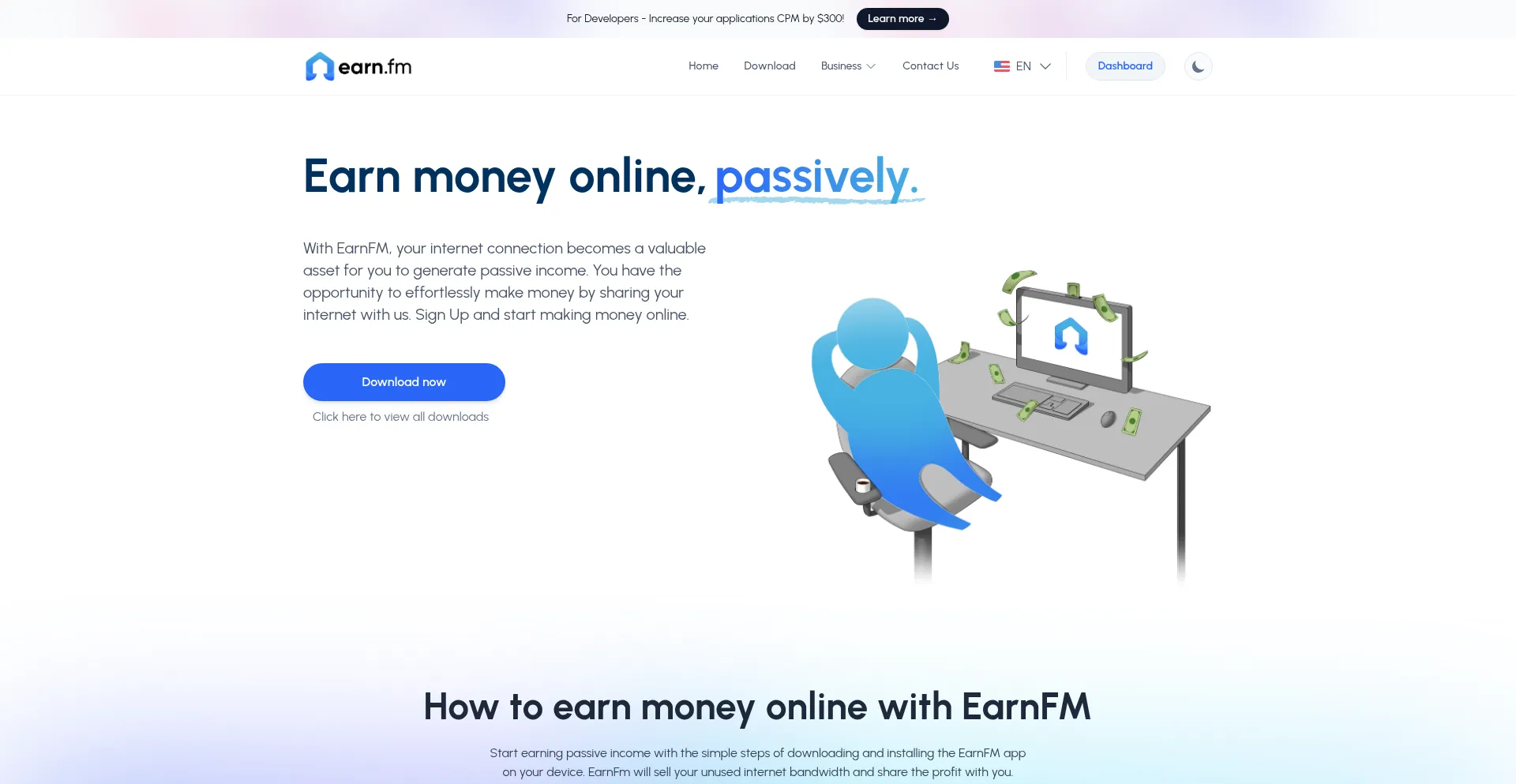 Website screenshot of Earn.fm