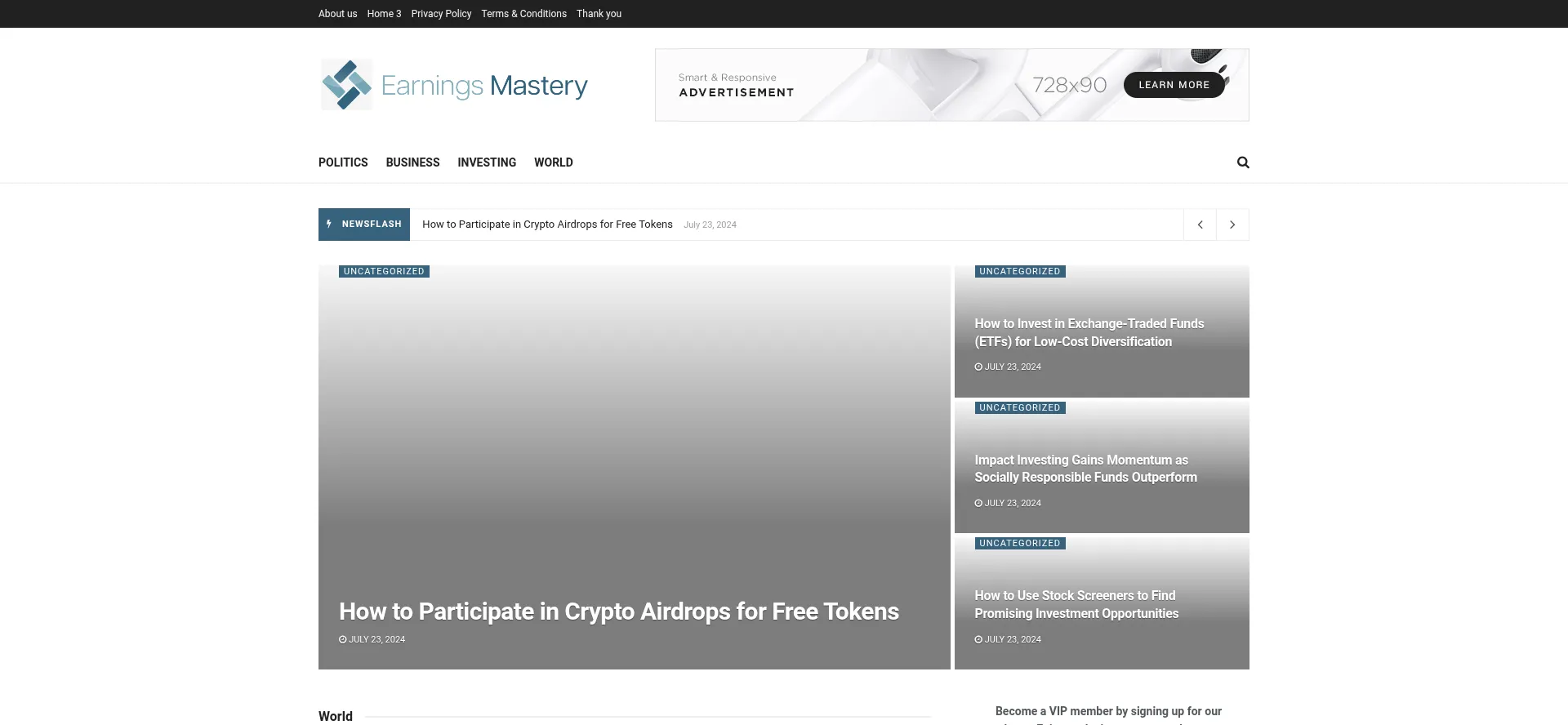 Website screenshot of Earningsmastery.com