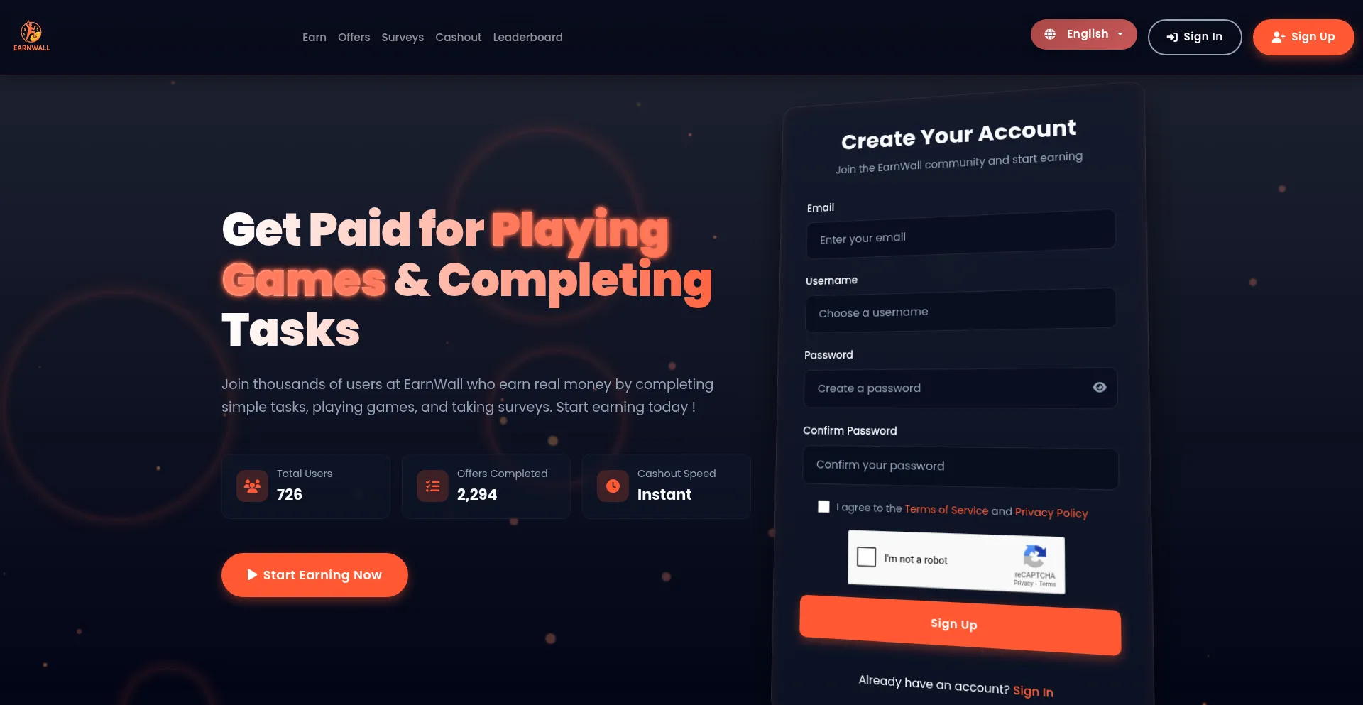 Website screenshot of Earnwall.shop
