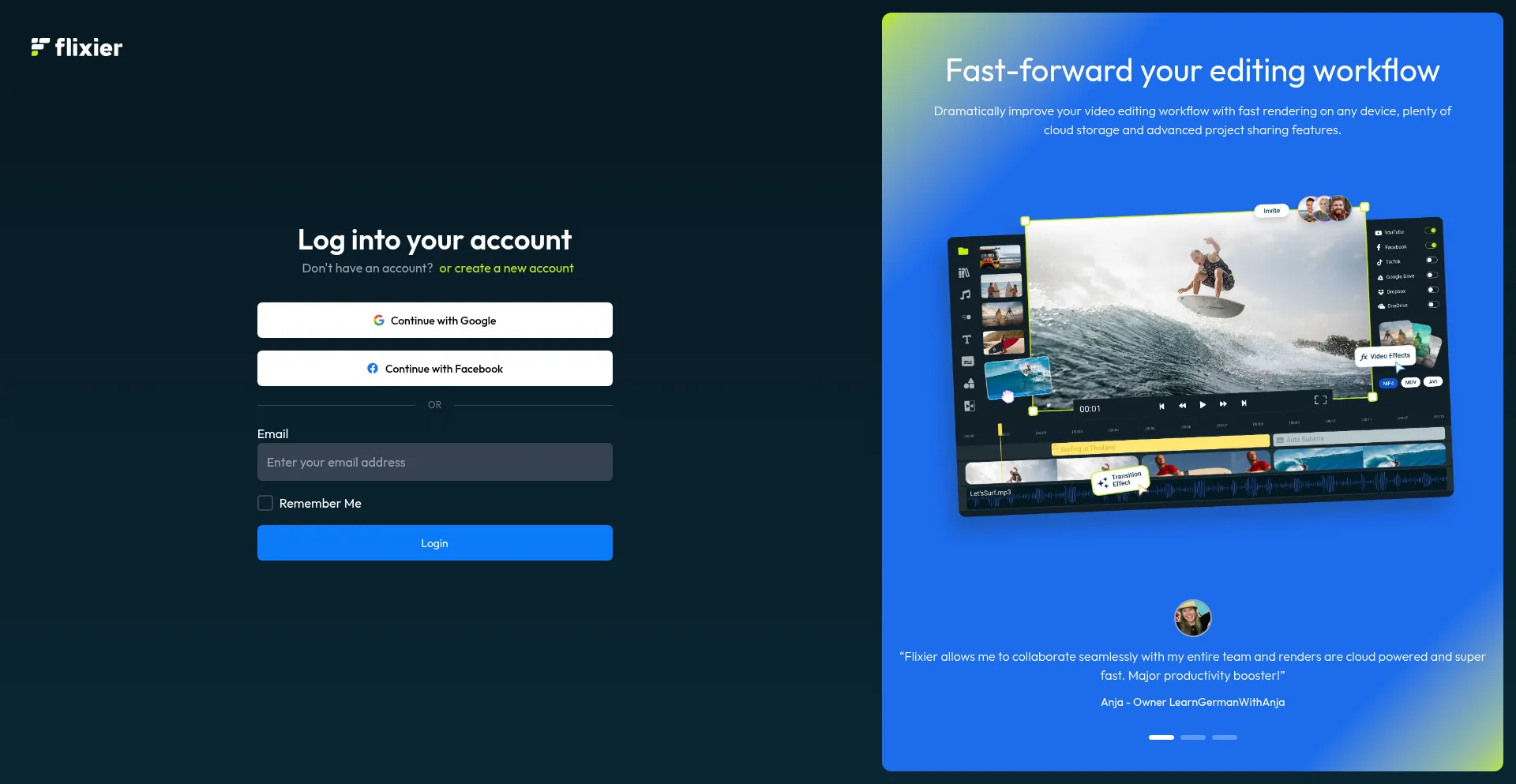 Website screenshot of Editor.flixier.com