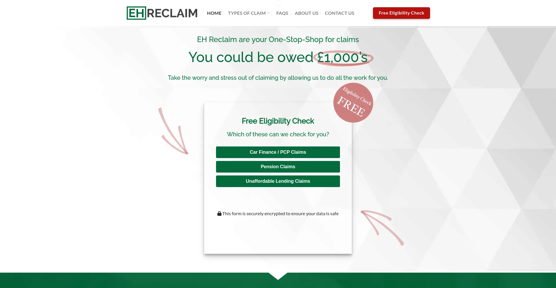 Website screenshot of Ehreclaim.co.uk