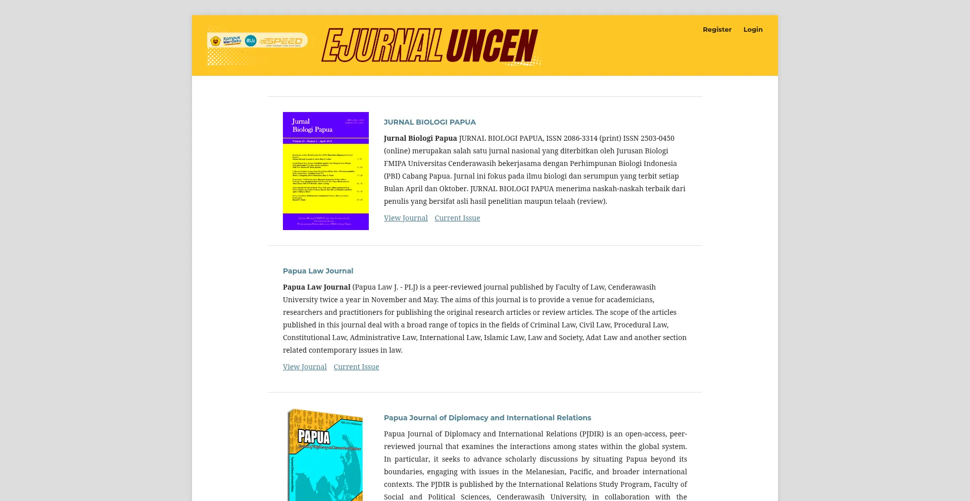 Website screenshot of Ejournal.uncen.ac.id