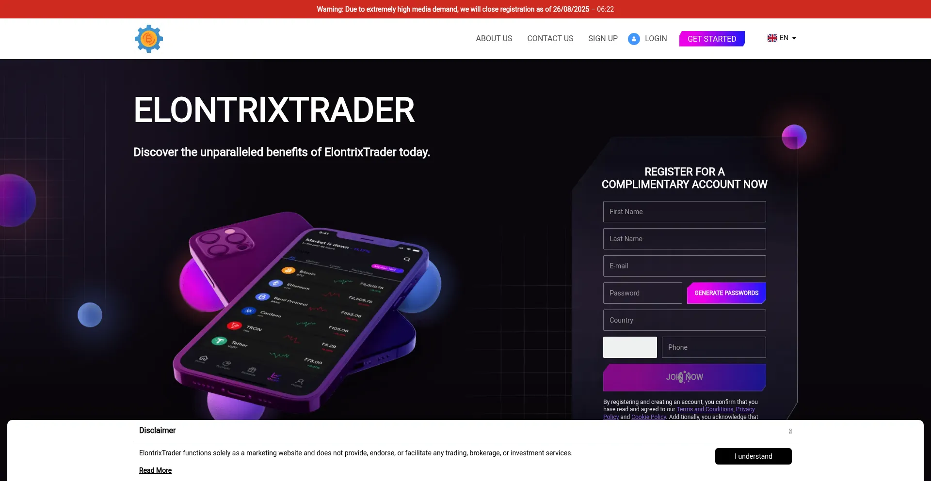 Website screenshot of Elontrixtradersystem.com