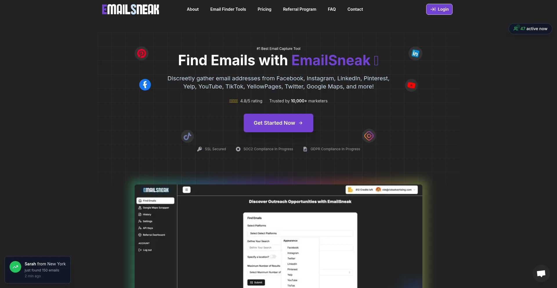 Website screenshot of Emailsneak.com