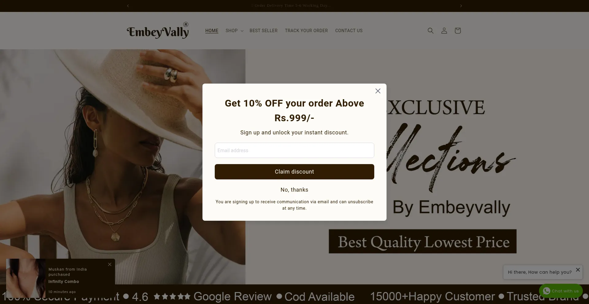 Website screenshot of Embeyvally.in