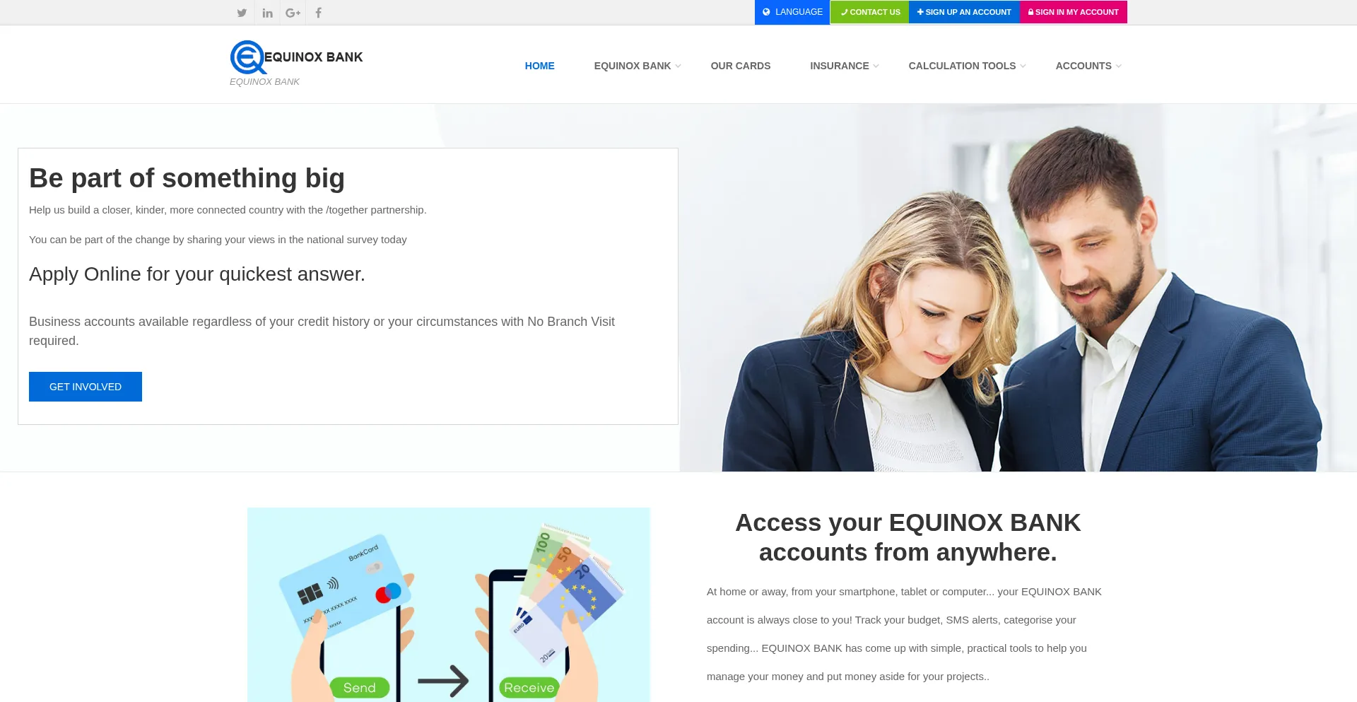 Website screenshot of Equinox-bank.com