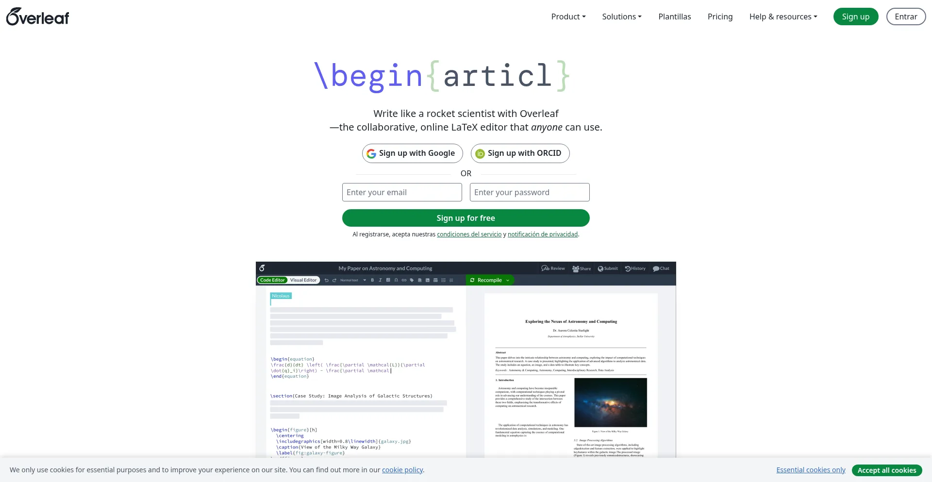 Website screenshot of Es.overleaf.com