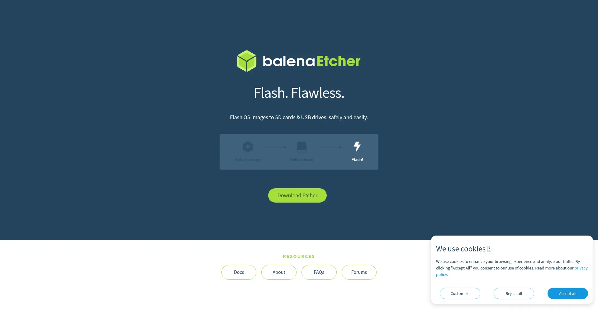 Website screenshot of Etcher.balena.io