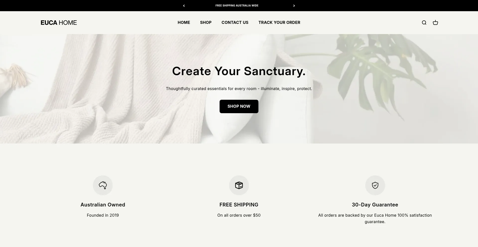 Website screenshot of Eucahome.com.au