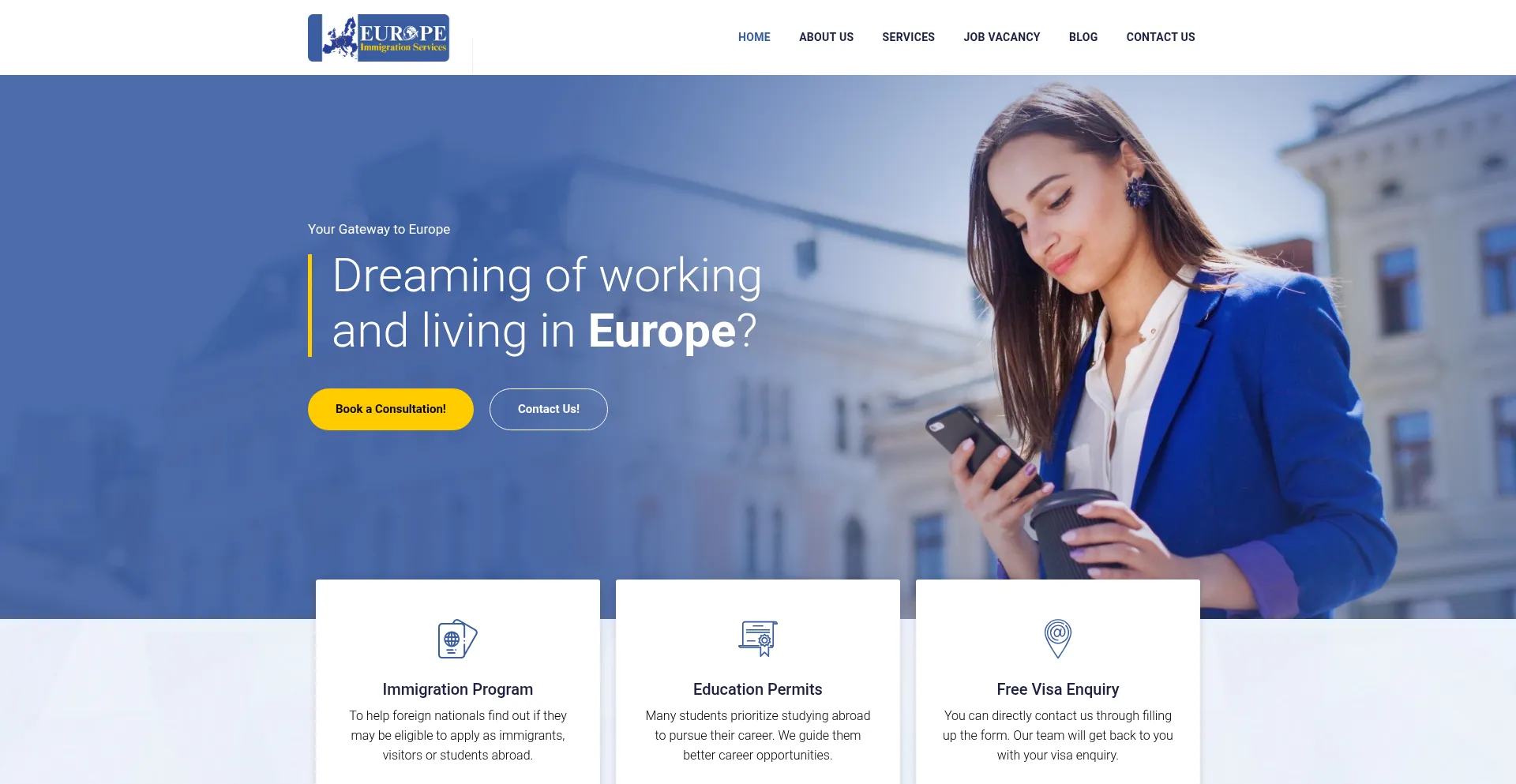Website screenshot of Europeimmigrationservices.com