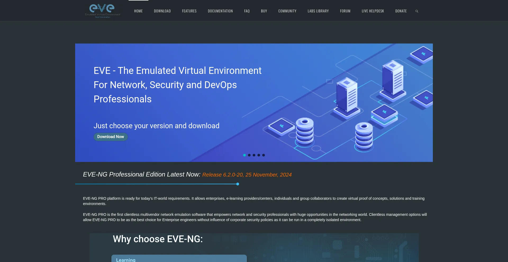 Website screenshot of Eve-ng.net