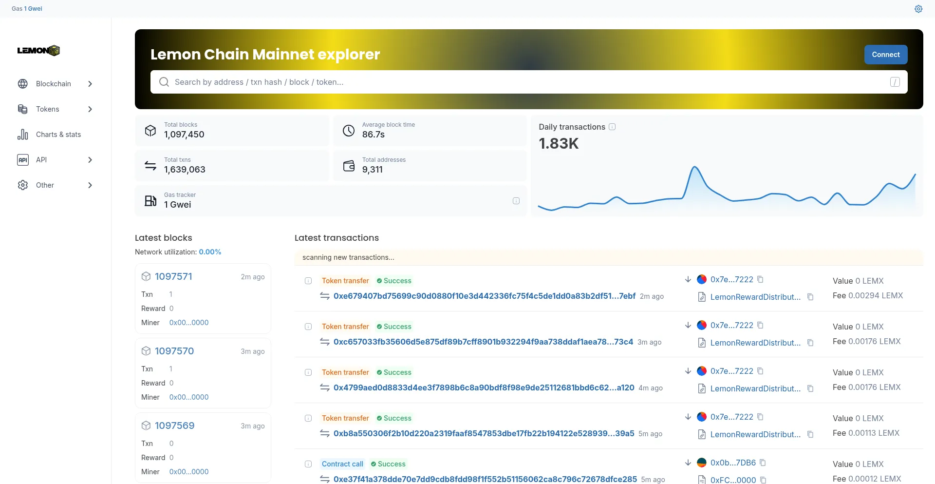 Website screenshot of Explorer.lemonchain.io