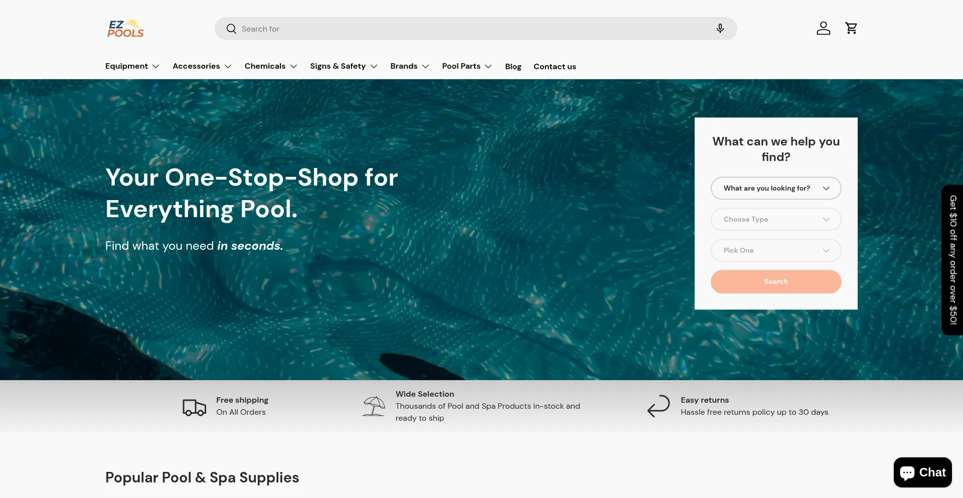 Website screenshot of Ezpools.com
