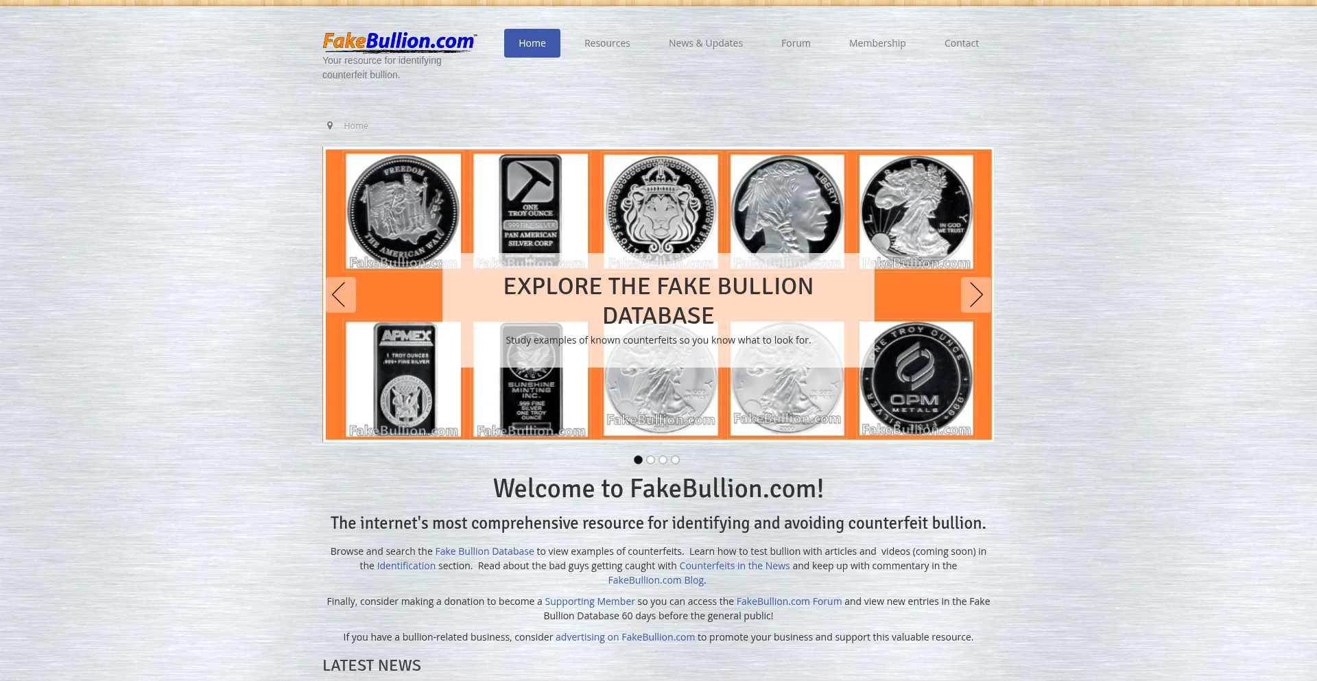 Website screenshot of Fakebullion.com