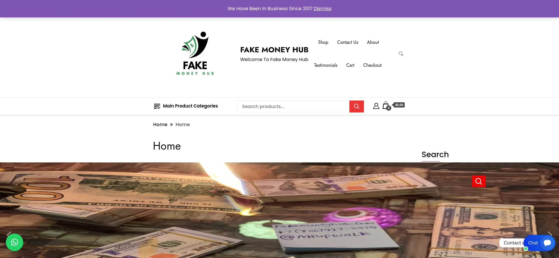 Website screenshot of Fakemoneyhub.com