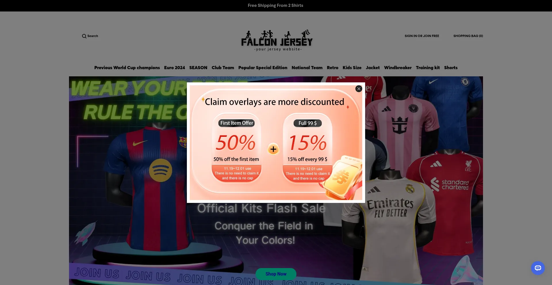 Website screenshot of Falconjersey.com