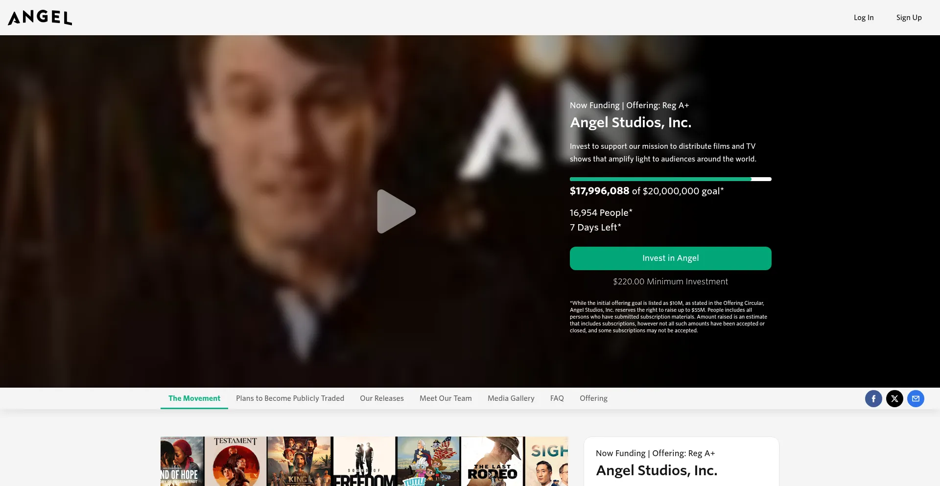 Website screenshot of Fansinvest.angel.com