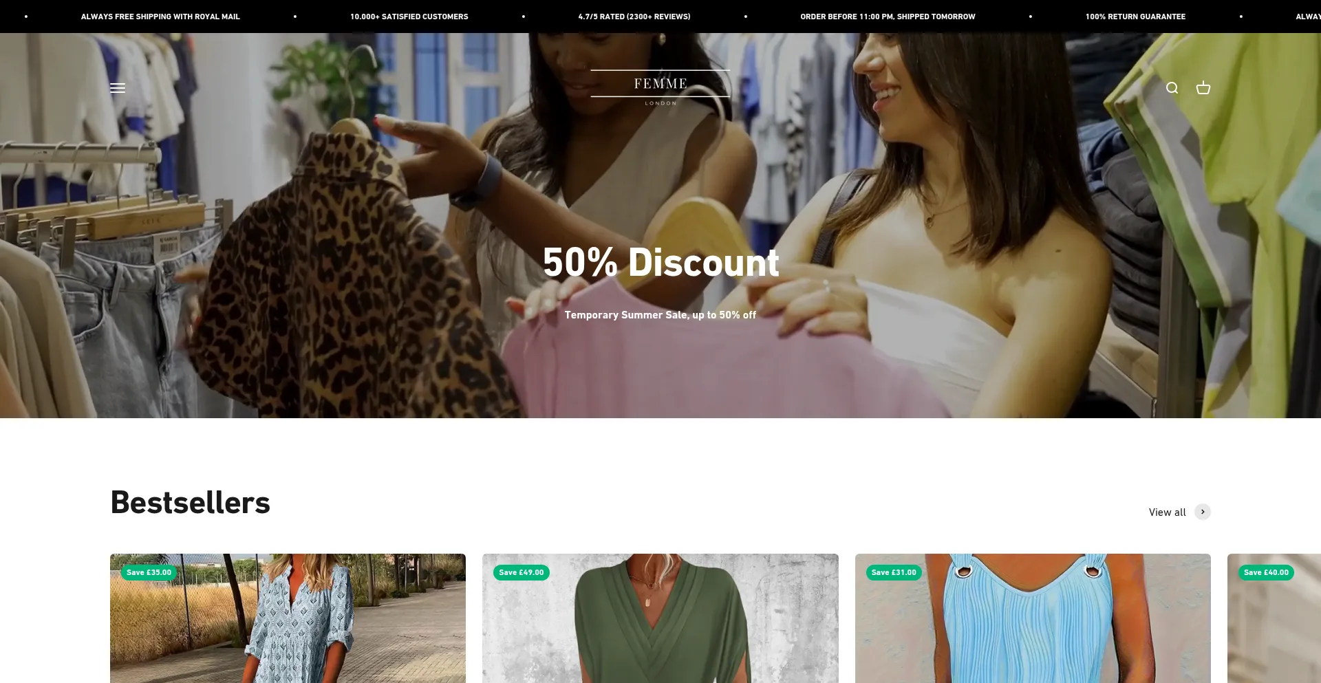 Website screenshot of Femmelondon.shop