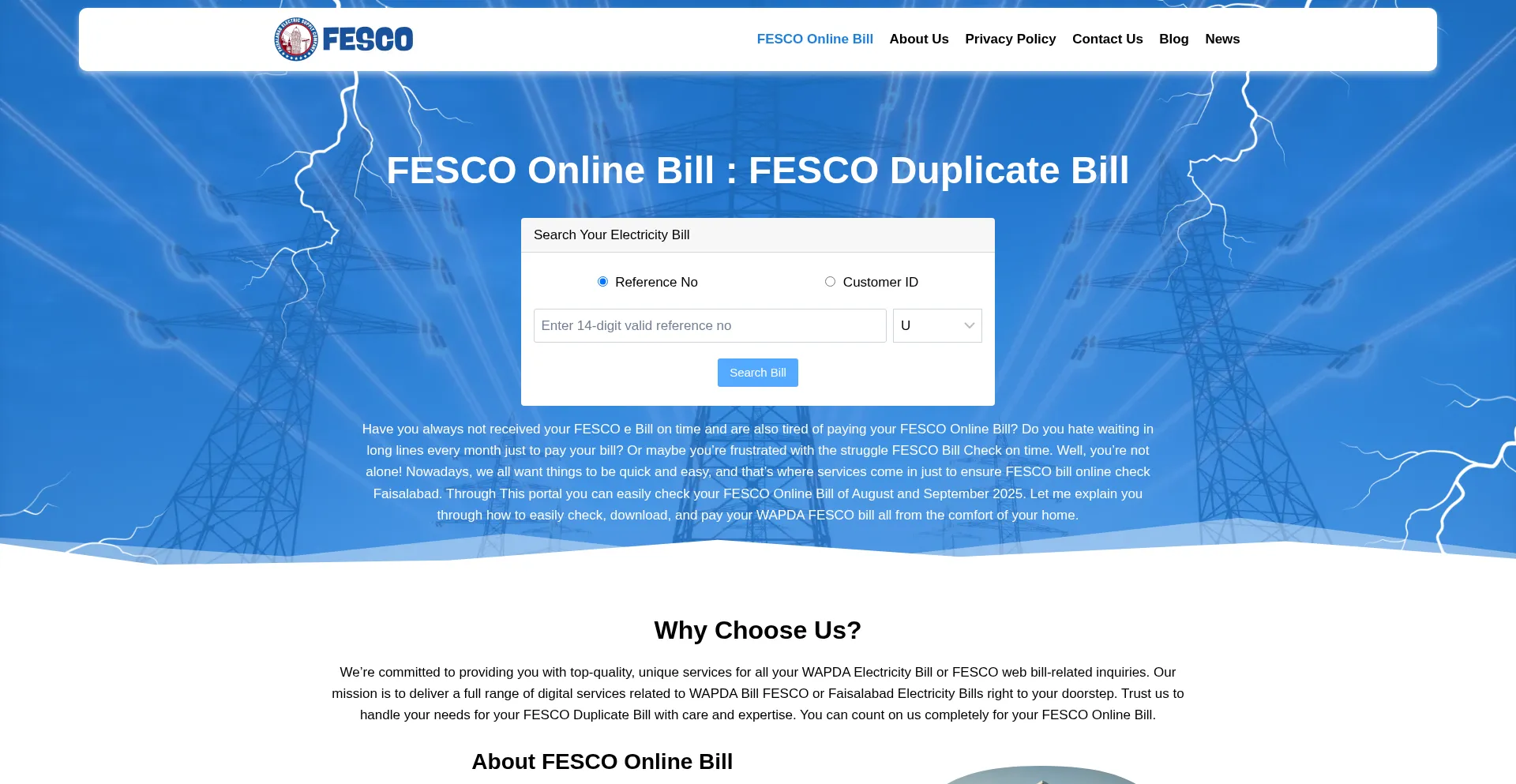 Website screenshot of Fescoonlinebil.pk