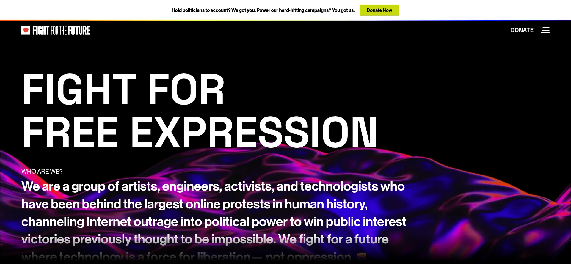 Website screenshot of Fightforthefuture.org