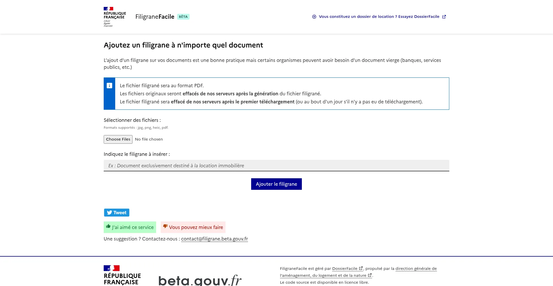 Website screenshot of Filigrane.beta.gouv.fr