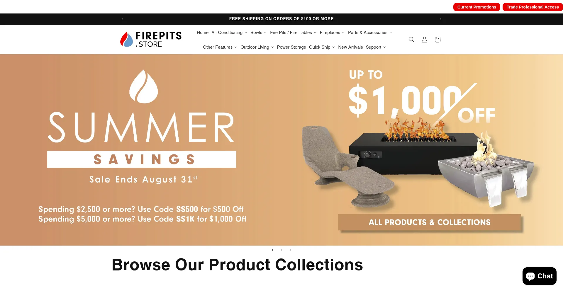 Website screenshot of Firepits.store