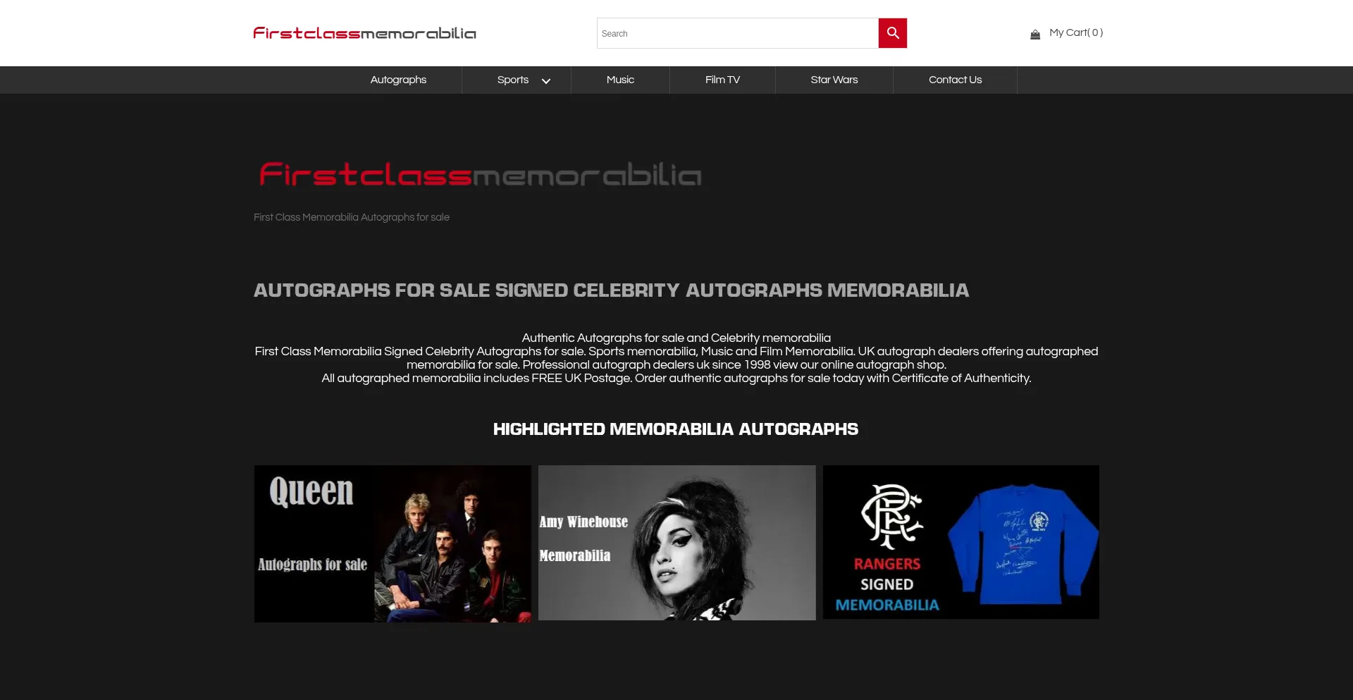 Website screenshot of Firstclassmemorabilia.com