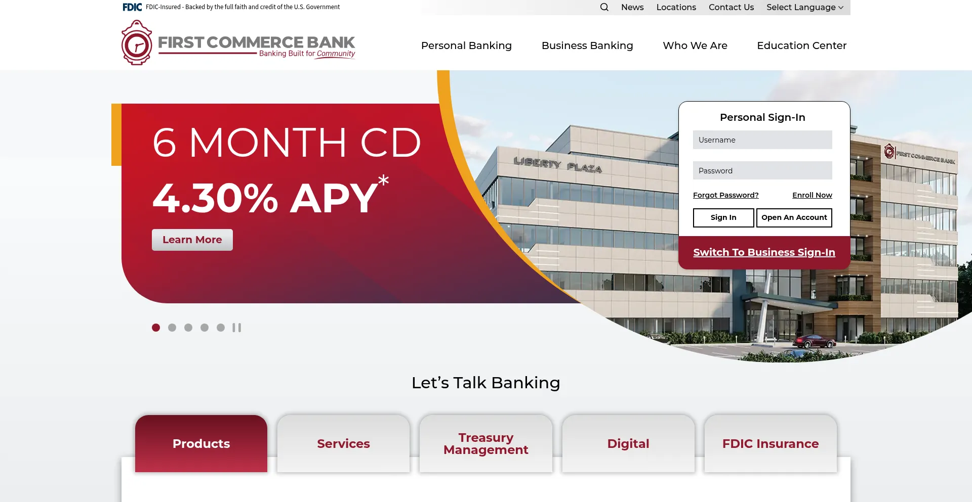 Website screenshot of Firstcommercebk.com
