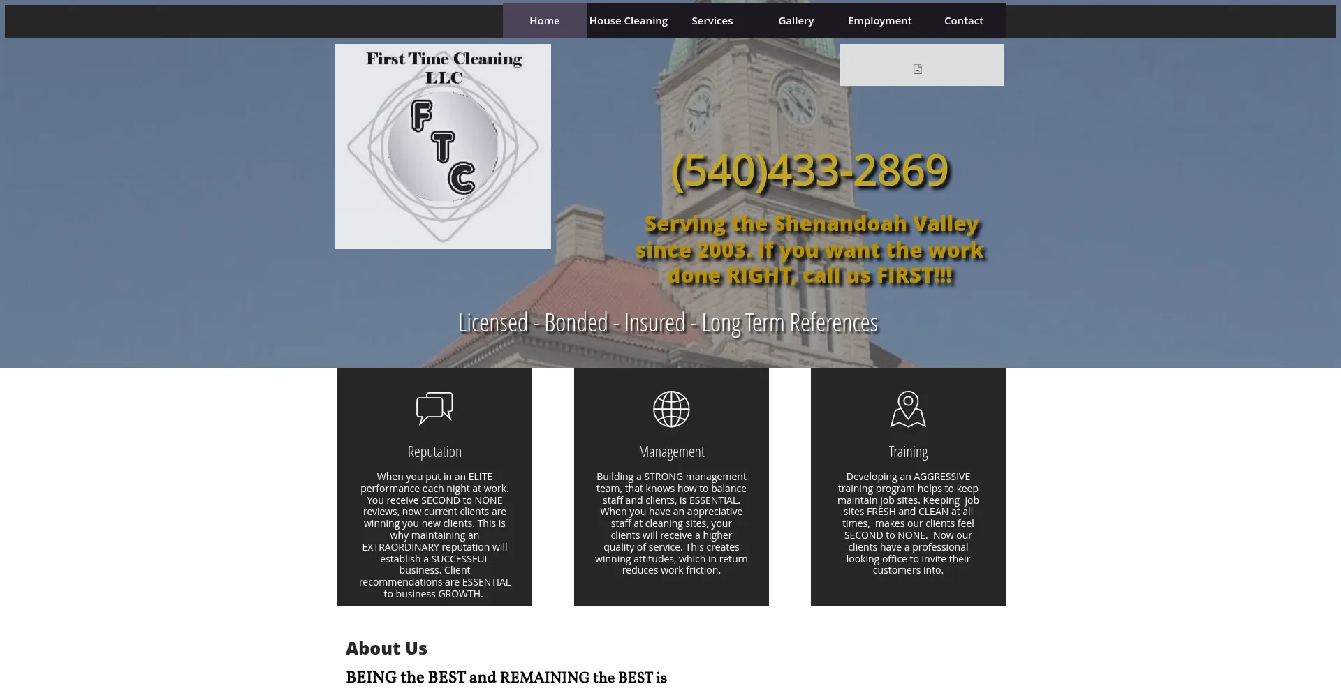 Website screenshot of Firsttimecleaning.net
