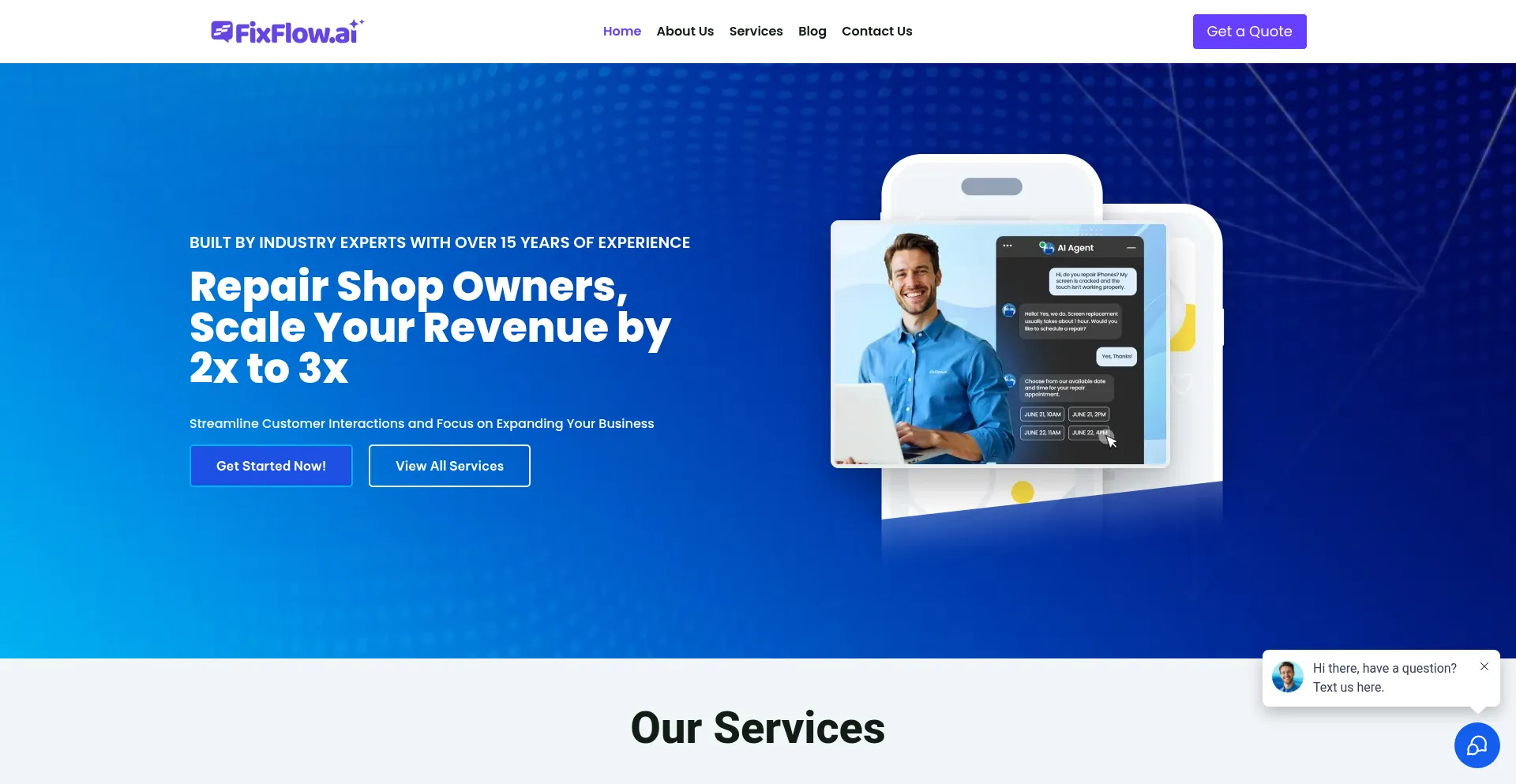 Website screenshot of Fixflow.ai
