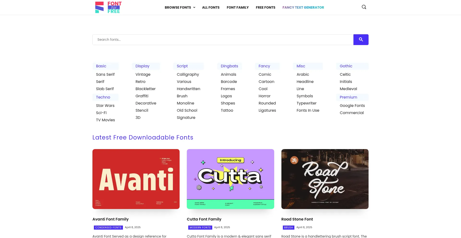 Website screenshot of Fontforfree.com
