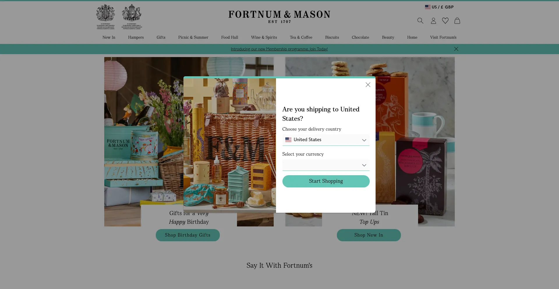 Website screenshot of Fortnumandmason.com