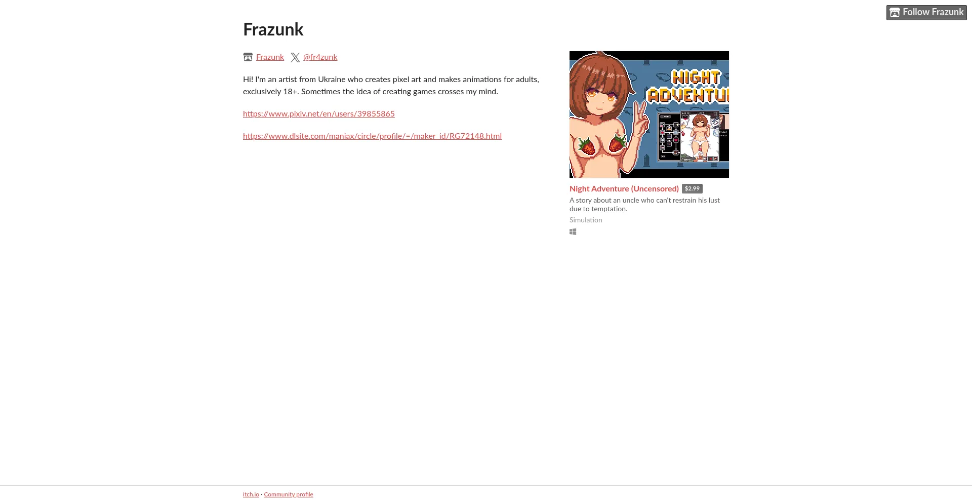 Website screenshot of Frazunk.itch.io