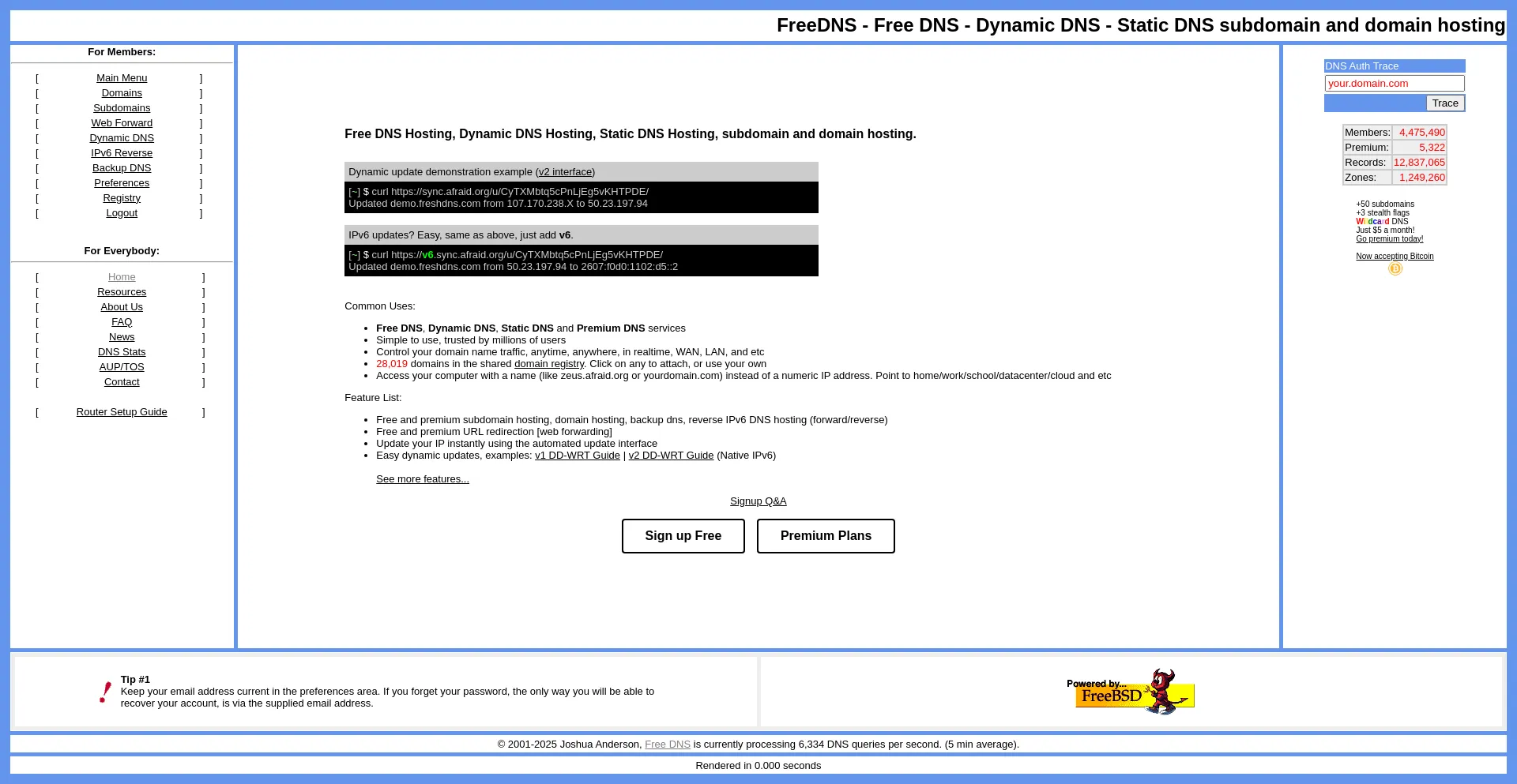 Website screenshot of Freedns.afraid.org