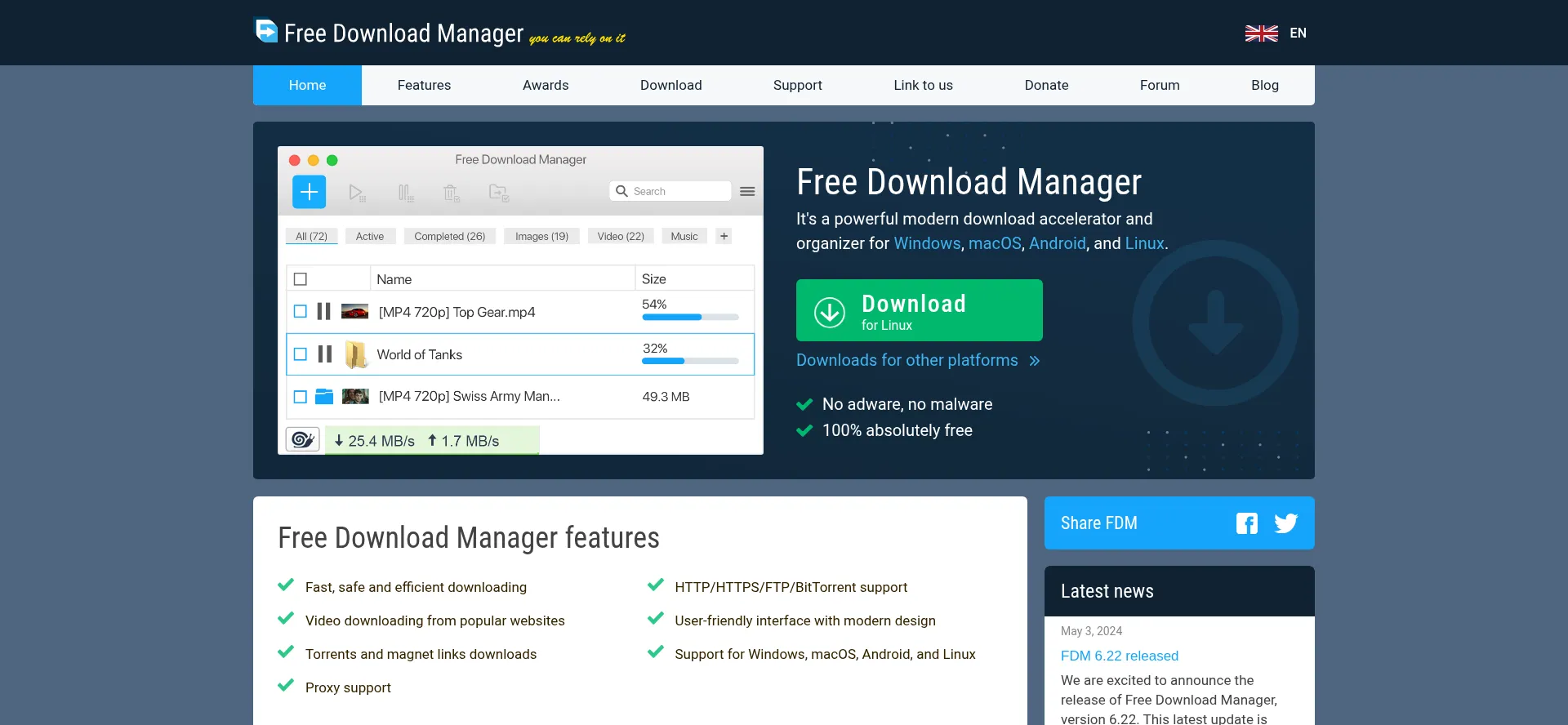 Website screenshot of Freedownloadmanager.org