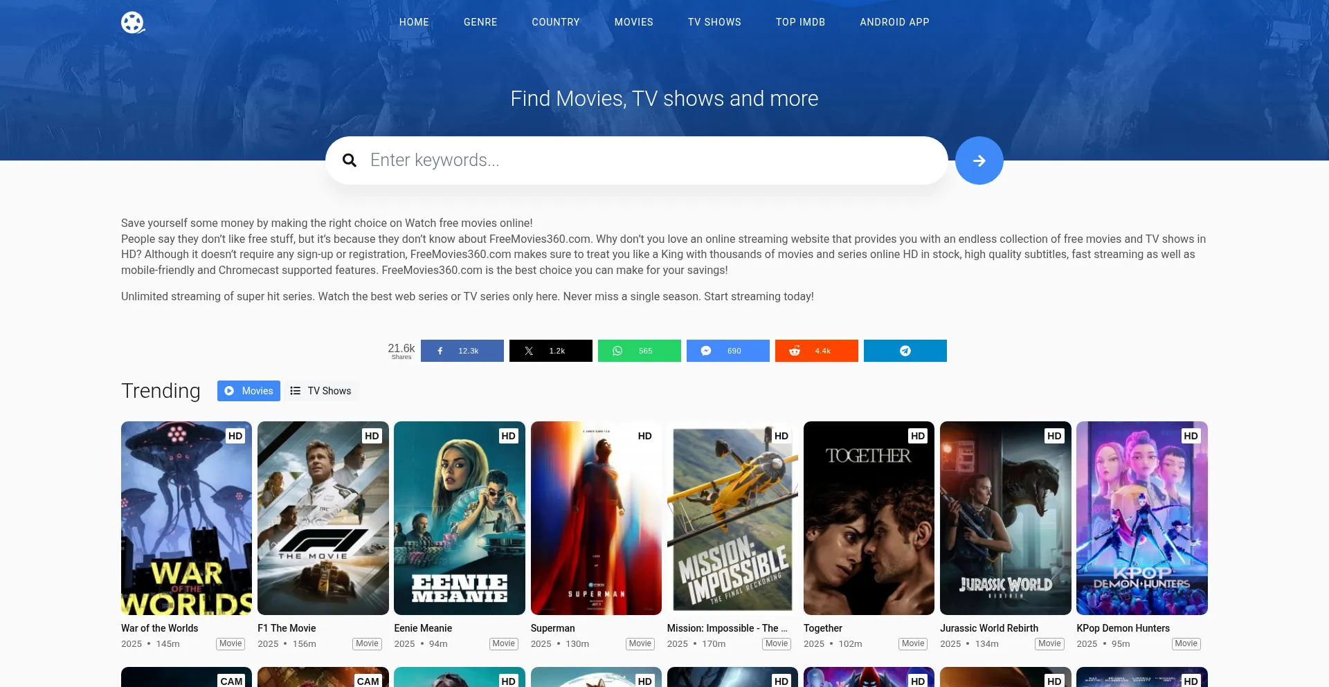 Website screenshot of Freemovies360.cc