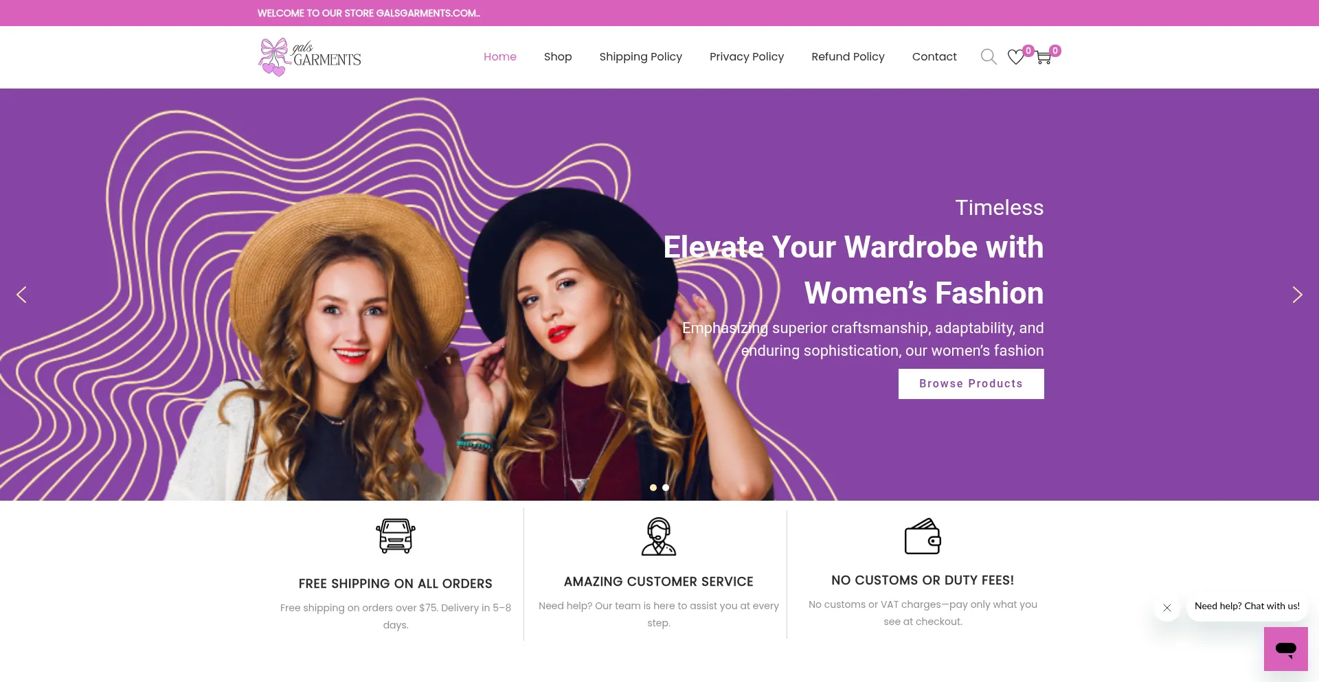 Website screenshot of Galsgarments.com