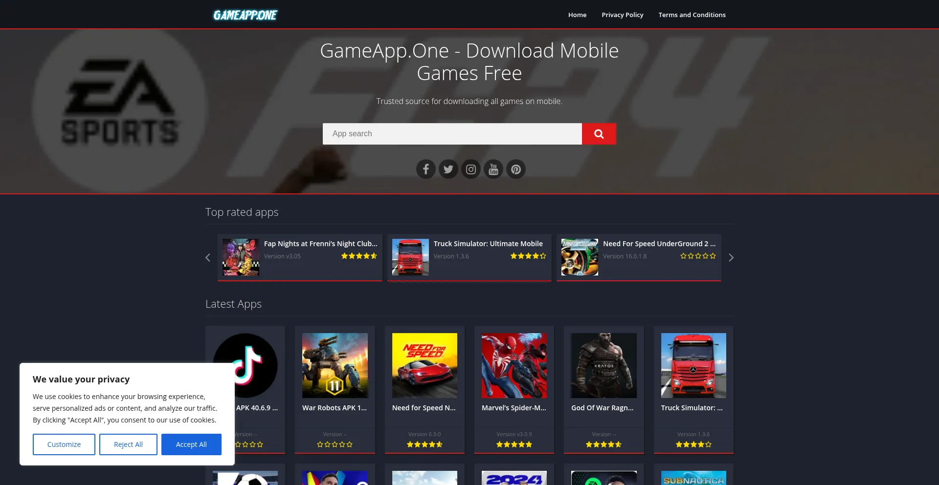 Website screenshot of Gameapp.one