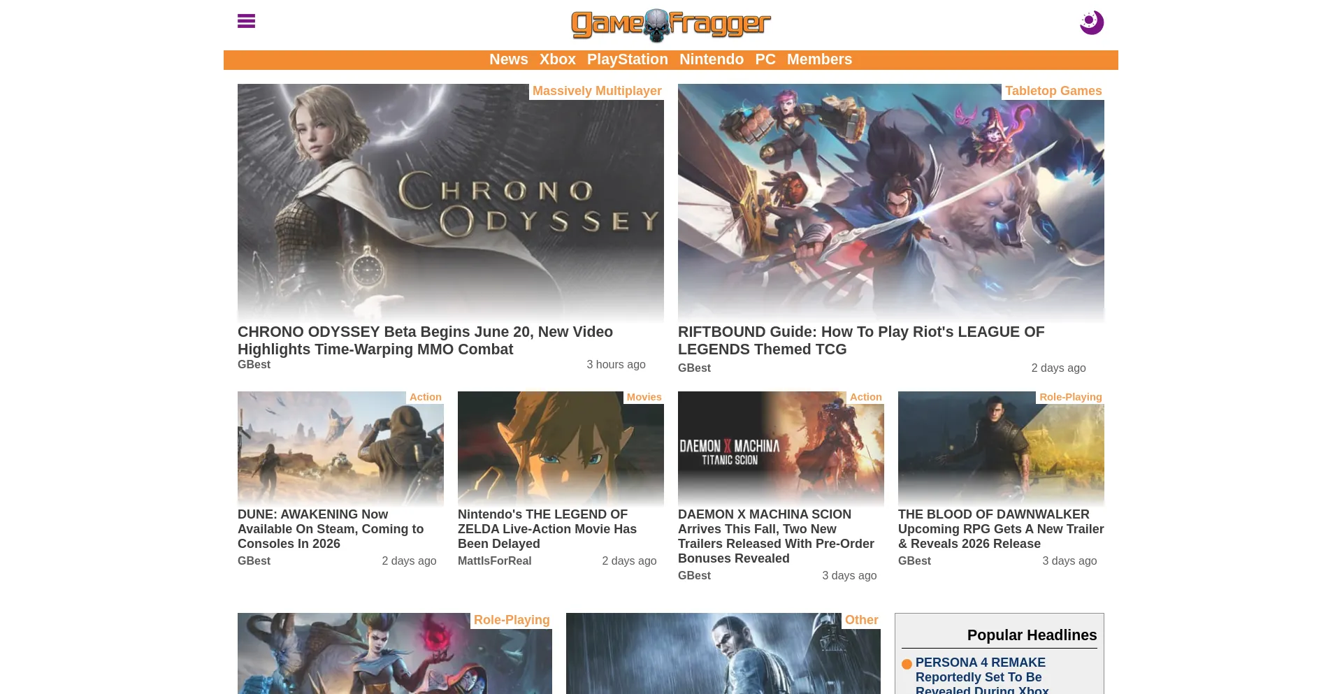 Website screenshot of Gamefragger.com