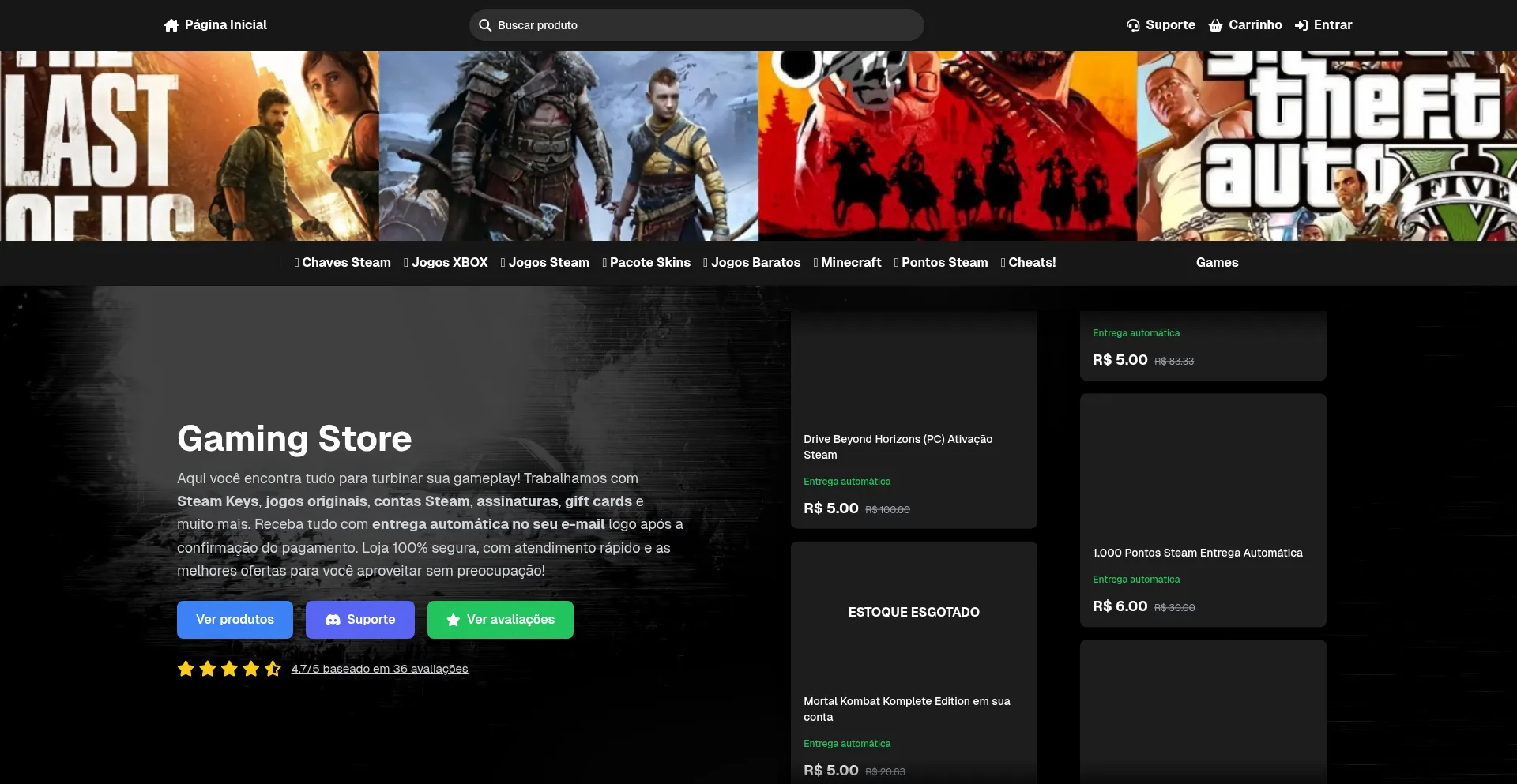 Website screenshot of Gamingstoree.com.br