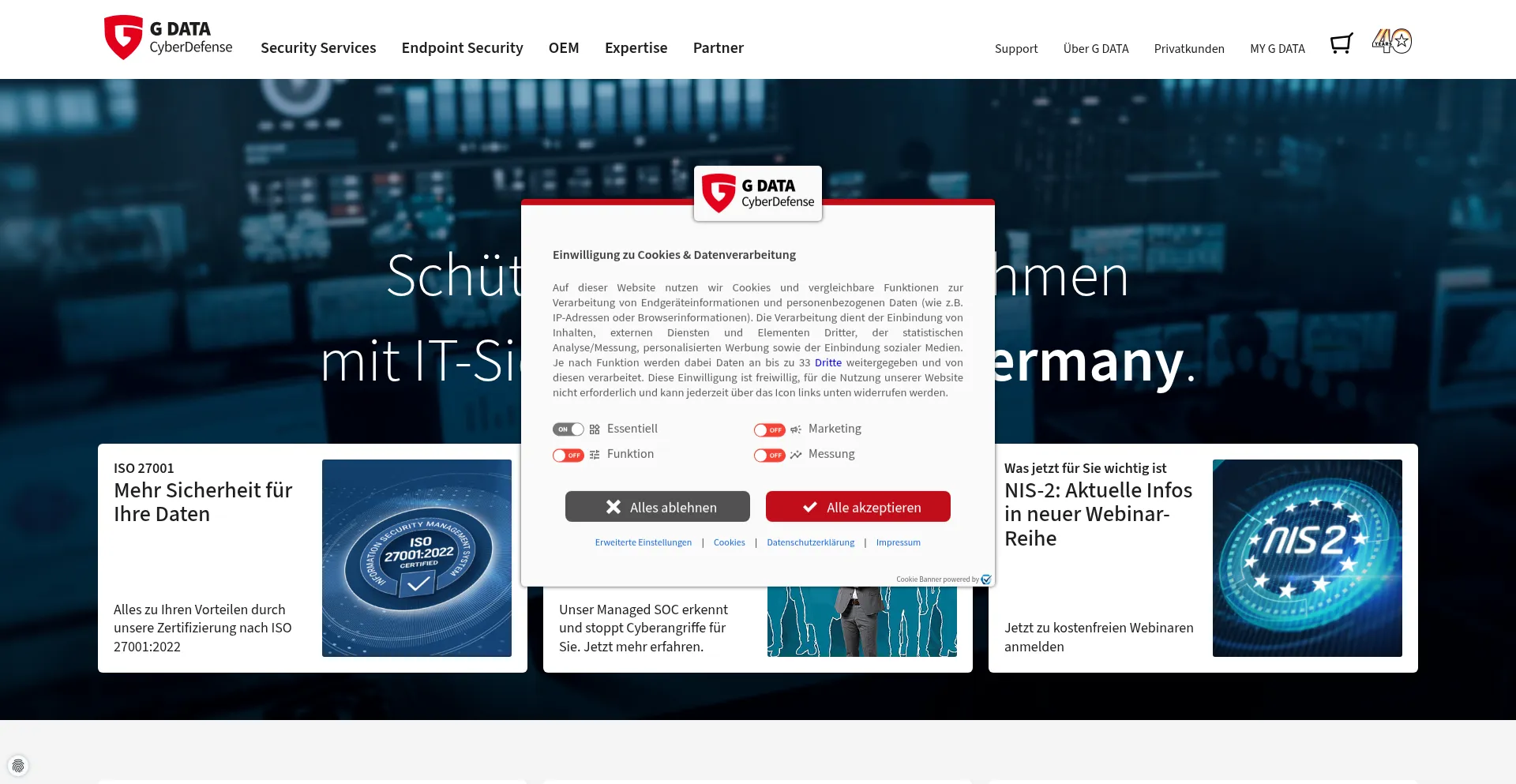 Website screenshot of Gdata.de